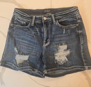 Judy Blue Wonens Distressed Stretch Denim Shorts Blue Size Medium